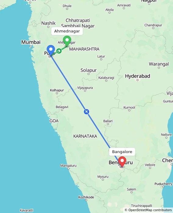 Route map showing distance and travel time from Ahmednagar, India to Bangalore, India
