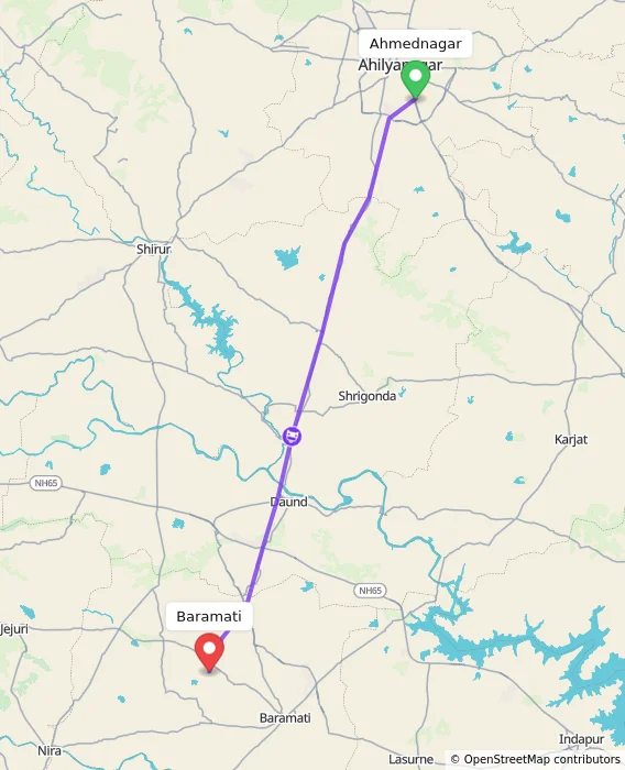 Route map showing distance and travel time from Ahmednagar, India to Baramati, India