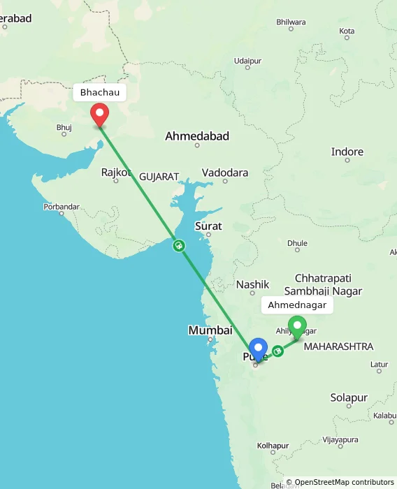 Route map showing distance and travel time from Ahmednagar, India to Bhachau, India