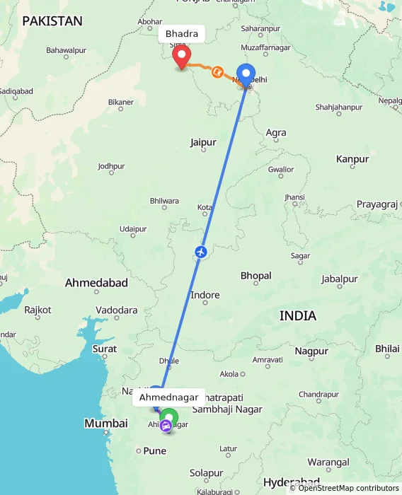 Route map showing distance and travel time from Ahmednagar, India to Bhadra, India