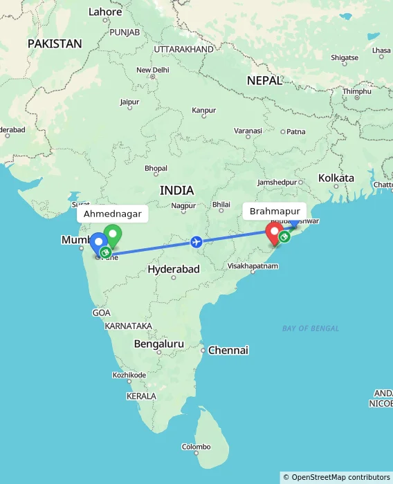 Route map showing distance and travel time from Ahmednagar, India to Brahmapur, India