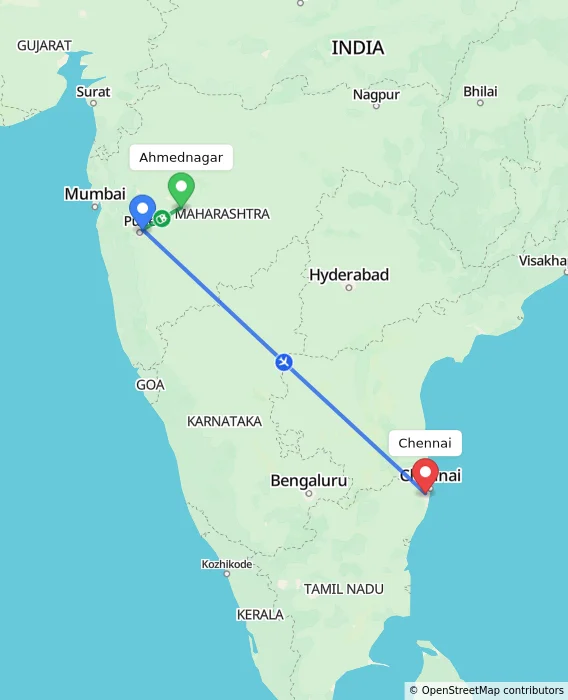 Route map showing distance and travel time from Ahmednagar, India to Chennai, India