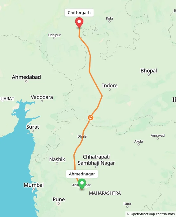 Route map showing distance and travel time from Ahmednagar, India to Chittorgarh, India
