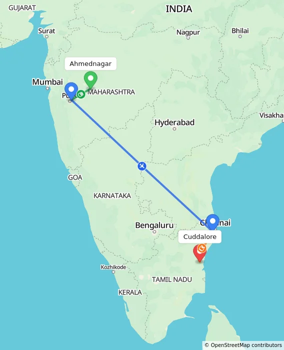 Route map showing distance and travel time from Ahmednagar, India to Cuddalore, India