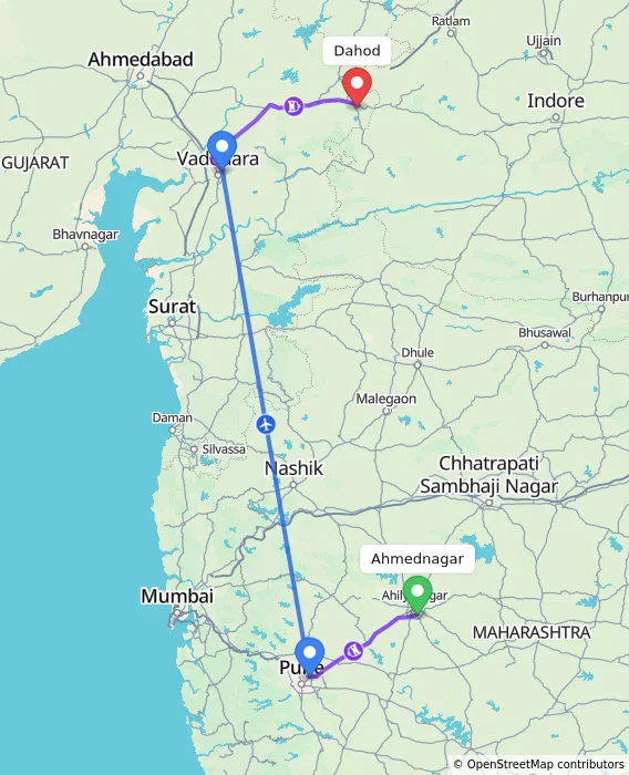 Route map showing distance and travel time from Ahmednagar, India to Dahod, India