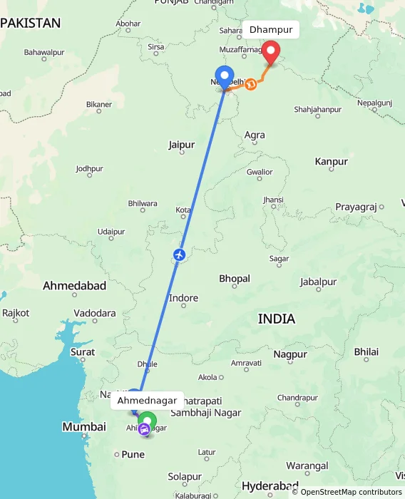 Route map showing distance and travel time from Ahmednagar, India to Dhampur, India