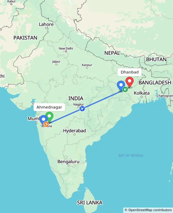 Route map showing distance and travel time from Ahmednagar, India to Dhanbad, India
