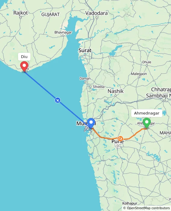 Route map showing distance and travel time from Ahmednagar, India to Diu, India