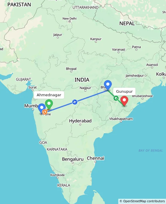 Route map showing distance and travel time from Ahmednagar, India to Gunupur, India