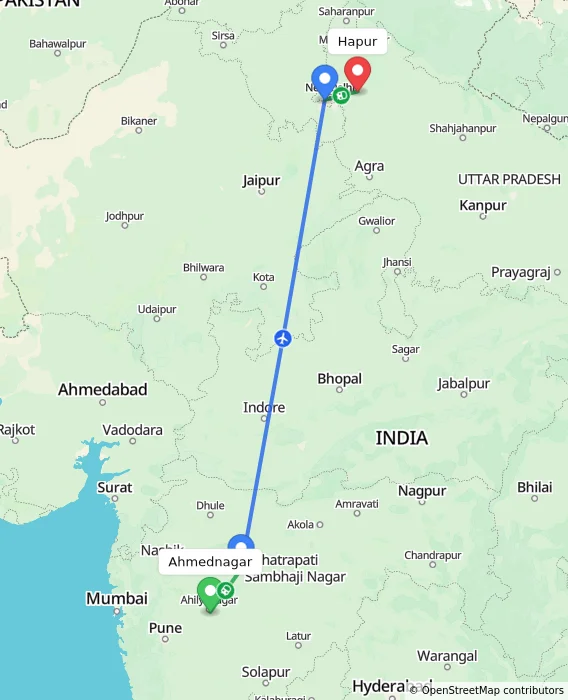Route map showing distance and travel time from Ahmednagar, India to Hapur, India
