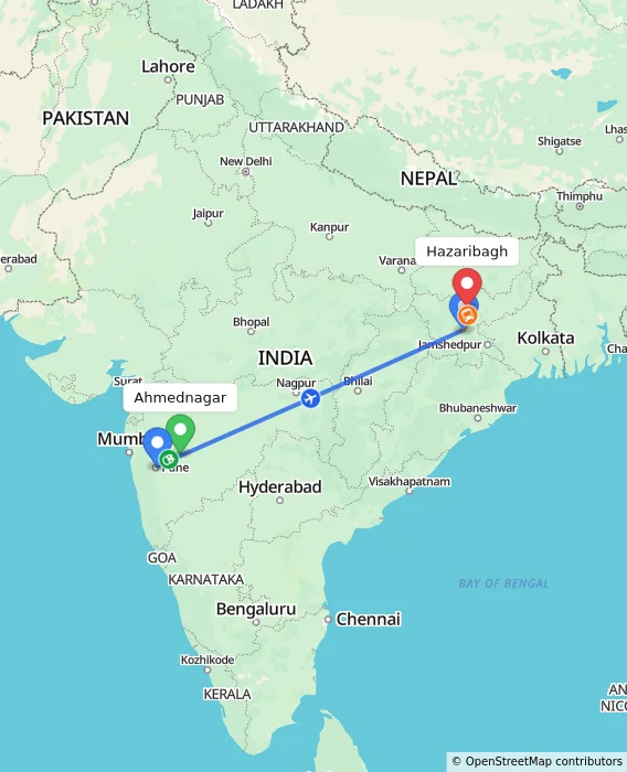 Route map showing distance and travel time from Ahmednagar, India to Hazaribagh, India