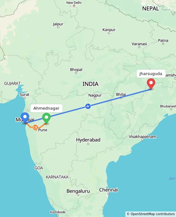 Route map showing distance and travel time from Ahmednagar, India to Jharsuguda, India