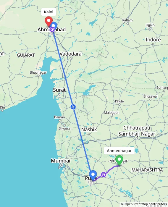 Route map showing distance and travel time from Ahmednagar, India to Kalol, India