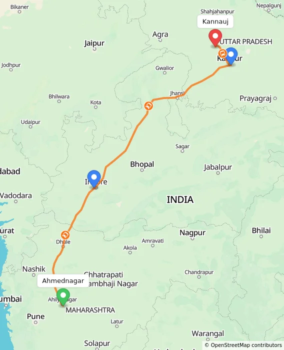 Route map showing distance and travel time from Ahmednagar, India to Kannauj, India
