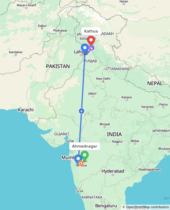 Route map showing distance and travel time from Ahmednagar, India to Kathua, India