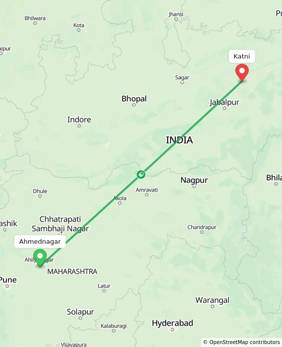 Route map showing distance and travel time from Ahmednagar, India to Katni, India