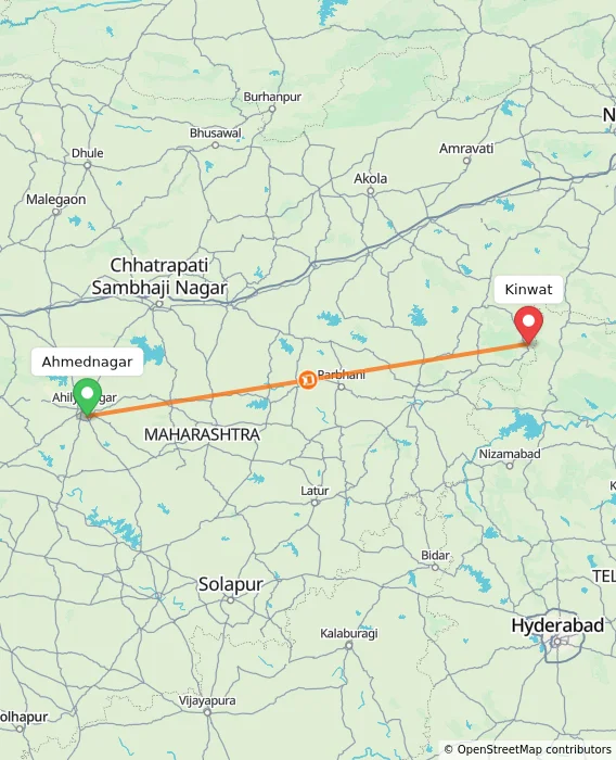 Route map showing distance and travel time from Ahmednagar, India to Kinwat, India