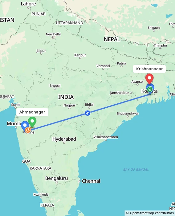 Route map showing distance and travel time from Ahmednagar, India to Krishnanagar, India