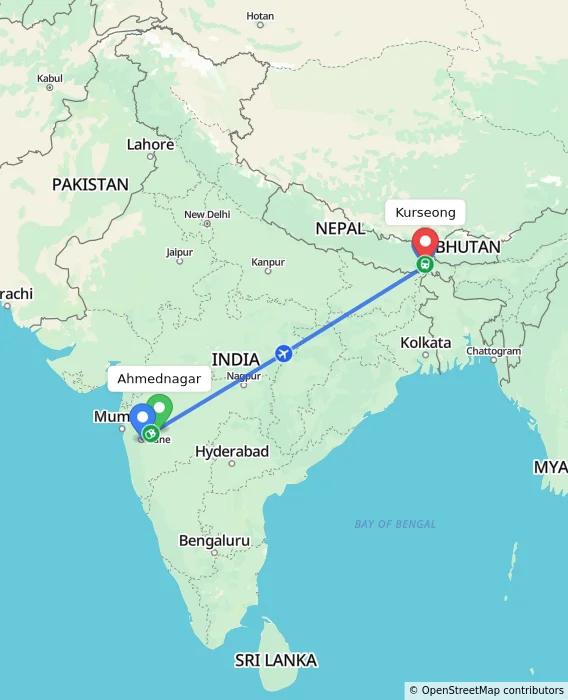 Route map showing distance and travel time from Ahmednagar, India to Kurseong, India