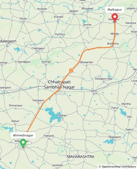 Route map showing distance and travel time from Ahmednagar, India to Malkapur, India