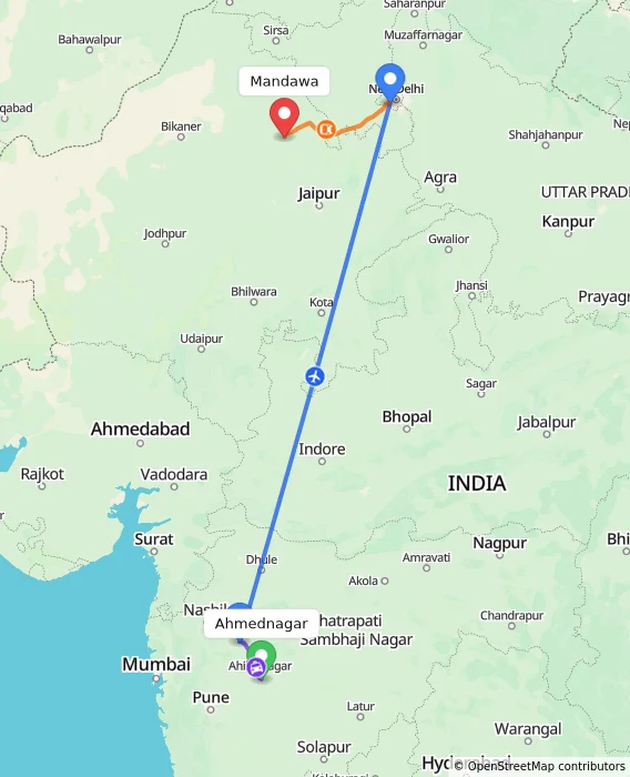 Route map showing distance and travel time from Ahmednagar, India to Mandawa, India
