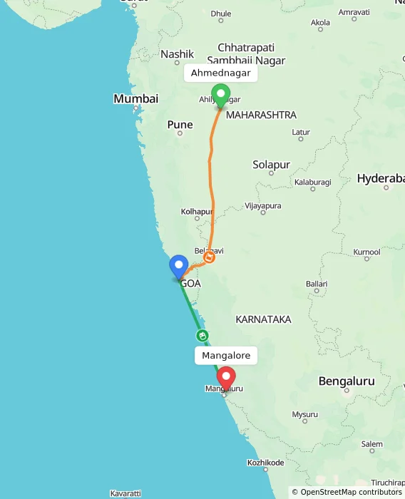 Route map showing distance and travel time from Ahmednagar, India to Mangalore, India