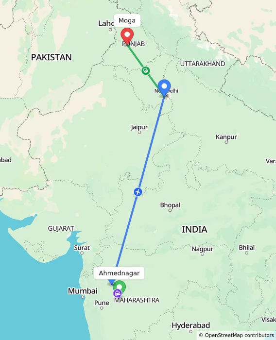 Route map showing distance and travel time from Ahmednagar, India to Moga, India