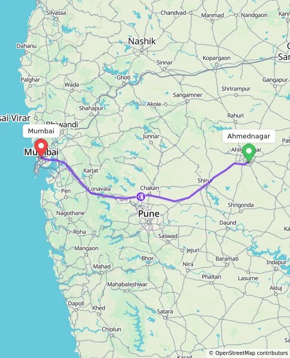 Route map showing distance and travel time from Ahmednagar, India to Mumbai, India