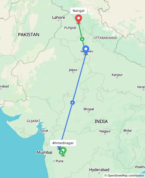 Route map showing distance and travel time from Ahmednagar, India to Nangal, India