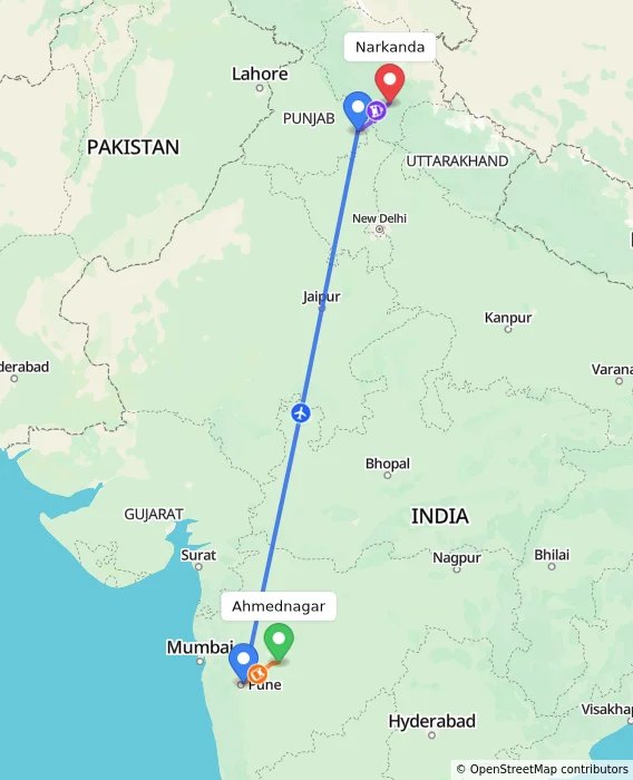 Route map showing distance and travel time from Ahmednagar, India to Narkanda, India