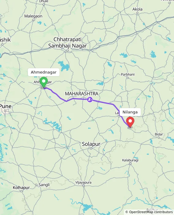 Route map showing distance and travel time from Ahmednagar, India to Nilanga, India