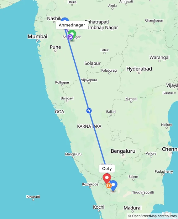 Route map showing distance and travel time from Ahmednagar, India to Ooty, India
