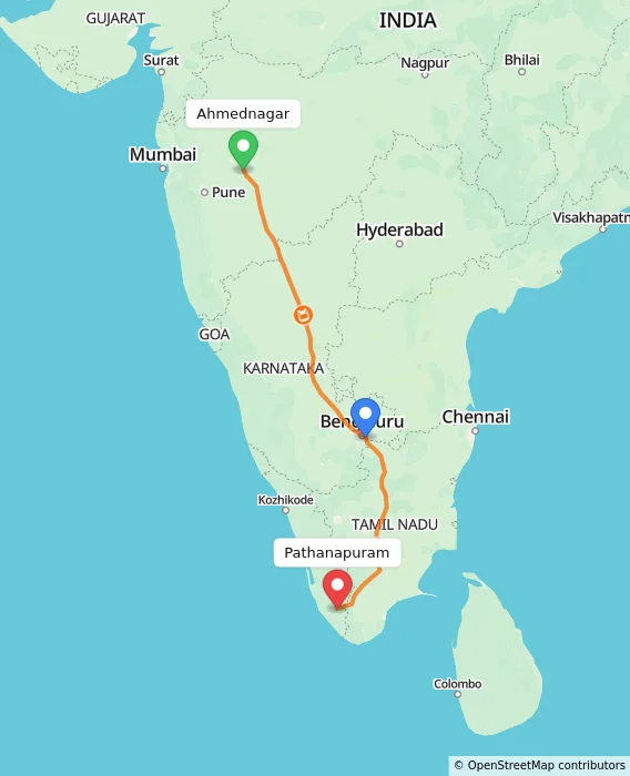 Route map showing distance and travel time from Ahmednagar, India to Pathanapuram, India
