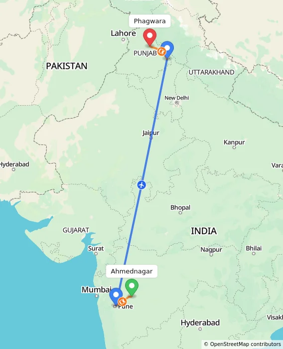 Route map showing distance and travel time from Ahmednagar, India to Phagwara, India