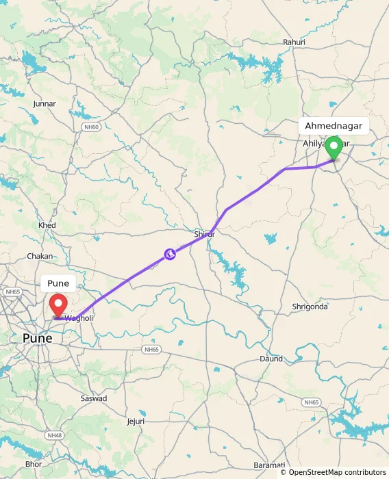 Route map showing distance and travel time from Ahmednagar, India to Pune, India