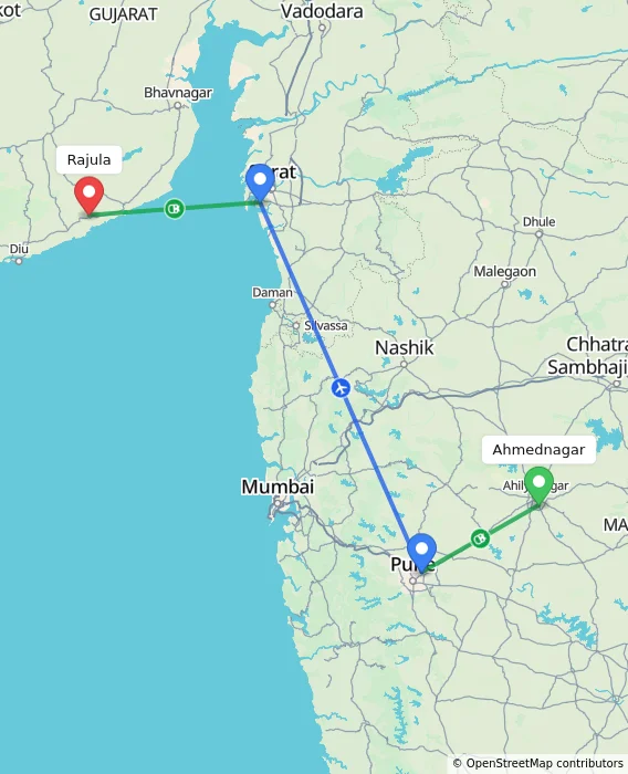 Route map showing distance and travel time from Ahmednagar, India to Rajula, India