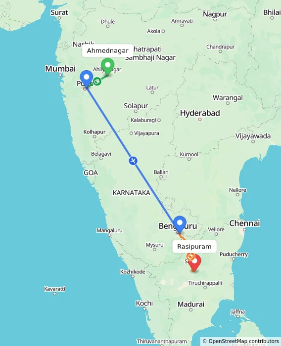 Route map showing distance and travel time from Ahmednagar, India to Rasipuram, India