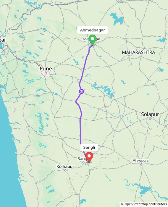 Route map showing distance and travel time from Ahmednagar, India to Sangli, India