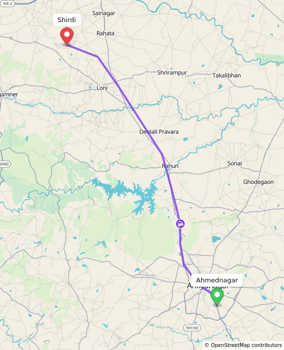 Route map showing distance and travel time from Ahmednagar, India to Shirdi, India