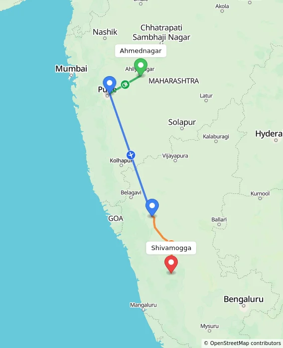 Route map showing distance and travel time from Ahmednagar, India to Shivamogga, India