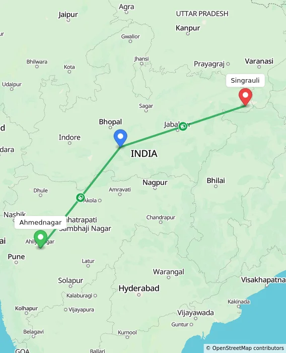 Route map showing distance and travel time from Ahmednagar, India to Singrauli, India