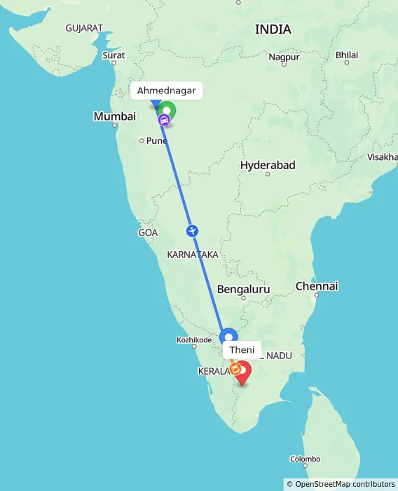Route map showing distance and travel time from Ahmednagar, India to Theni, India