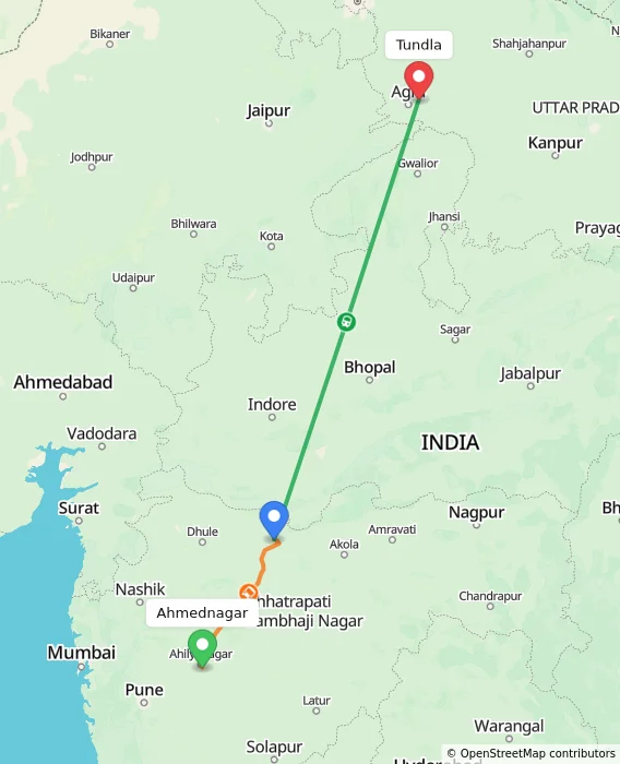 Route map showing distance and travel time from Ahmednagar, India to Tundla, India