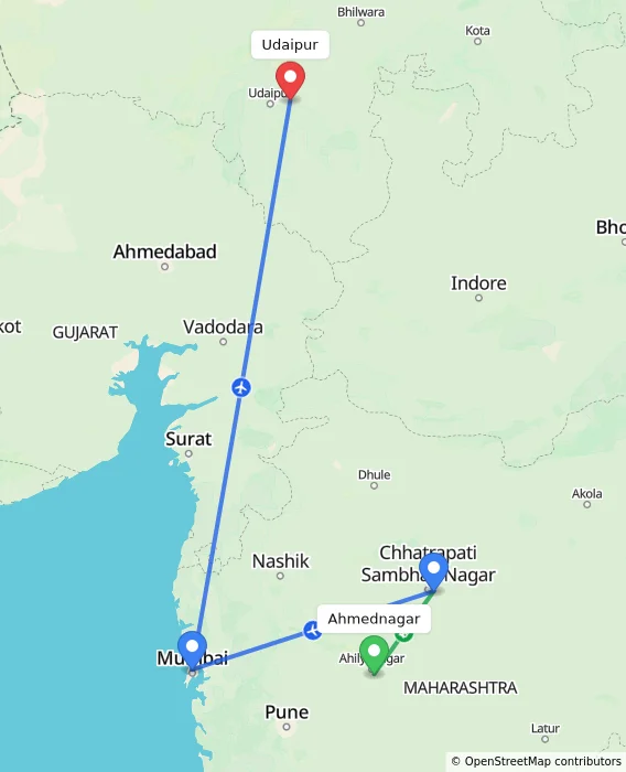 Route map showing distance and travel time from Ahmednagar, India to Udaipur, India