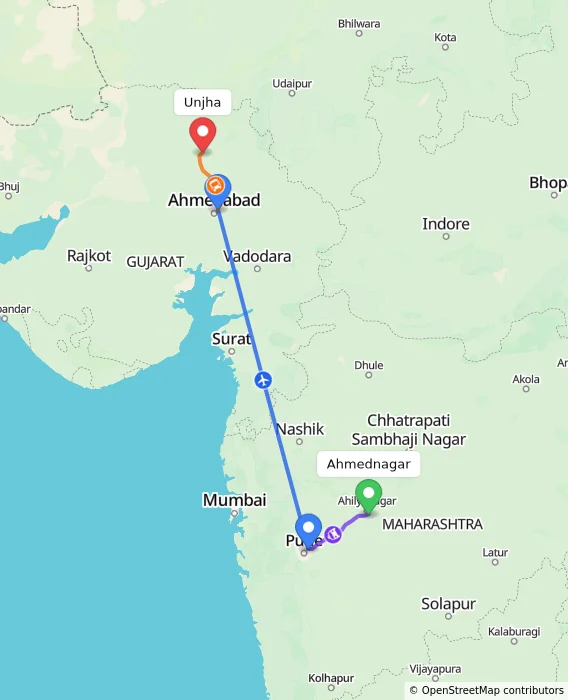 Route map showing distance and travel time from Ahmednagar, India to Unjha, India