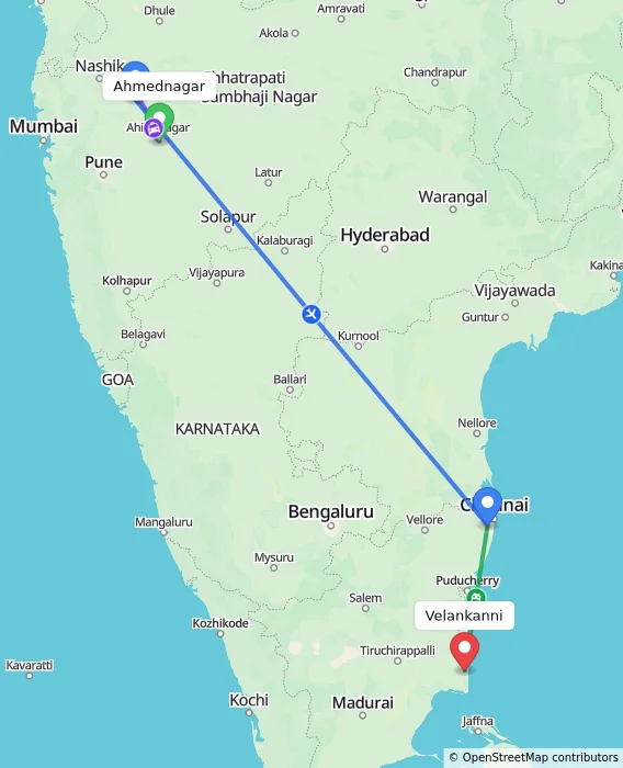 Route map showing distance and travel time from Ahmednagar, India to Velankanni, India