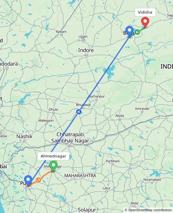 Route map showing distance and travel time from Ahmednagar, India to Vidisha, India