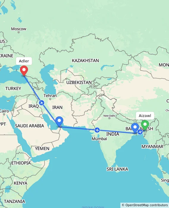 Route map showing distance and travel time from Aizawl, India to Adler, Russian Federation