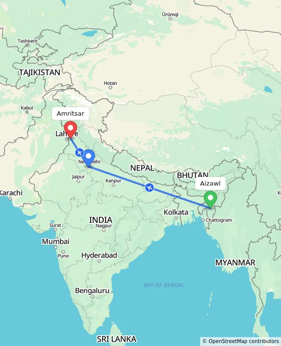 Route map showing distance and travel time from Aizawl, India to Amritsar, India