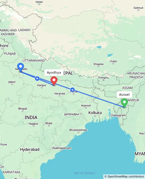 Route map showing distance and travel time from Aizawl, India to Ayodhya, India